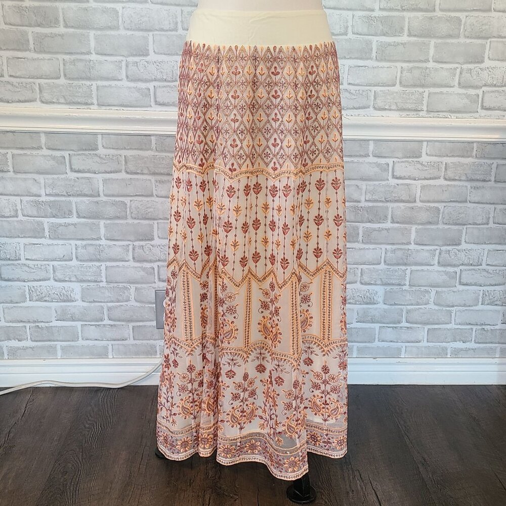 Soft Surroundings Inez Metallic Embroidered Maxi Skirt Coral NEW Boho Chic Large - Picture 2 of 9